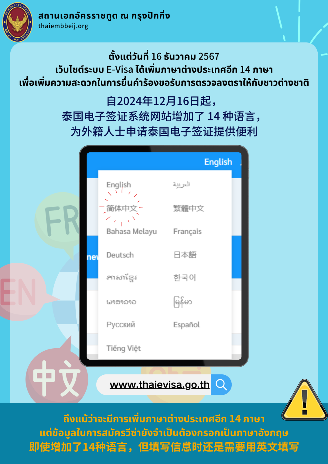 泰国电子签证系统网站增加了 14 种语言！